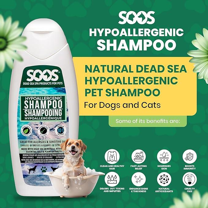 Soos Pet Dog Shampoo for Cats and Pets Hypoaller-genic Natural Dead Sea Minerals Fast Absorbing with Vitamins Essential Oils Natural Elements Antiba-cterial - 1x Pet Shampoo (500ml)