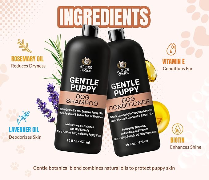 Gentle Puppy Dog Shampoo and Conditioner Set – Moisturizing Pet Grooming Wash for Sensitive & Itchy Skin – Lavender & Biotin Formula – Safe for Puppies & All Breeds, 16 fl oz Each by ALFIE'S CHOICE