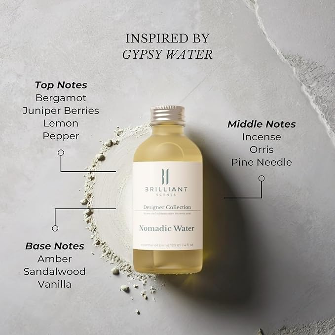 Brilliant Scents Nomadic Water Fragrance Oil 200ml - Premium Diffuser Oil for Home, Office, Hotels - Long Lasting, Plant-Based, Meets IFRA Standards, USA-Made - Lemon, Incense, Sandalwood