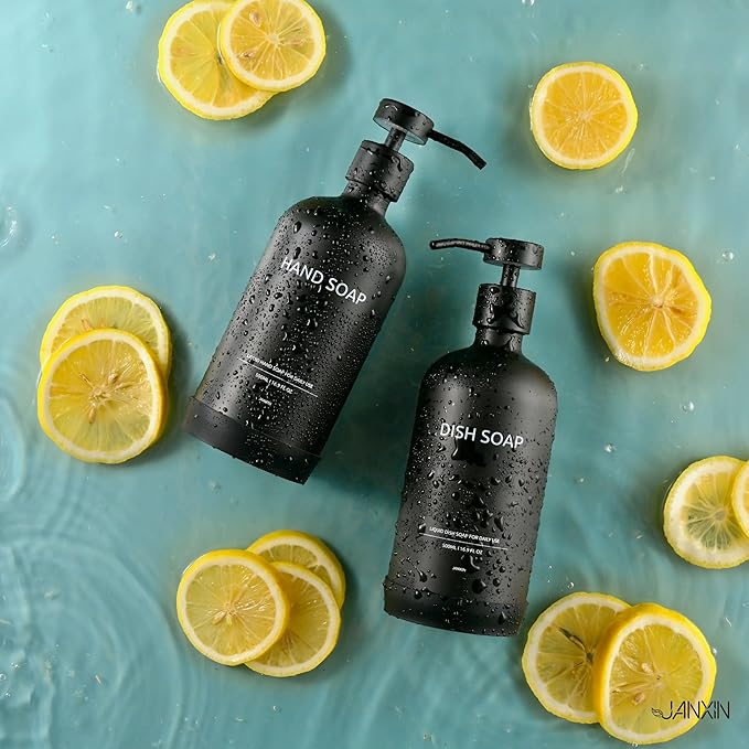 Kitchen Soap Dispenser Set with Non-Slip Protective Silicone Pad,Hand Soap Dispenser for Kitchen and Bathroom Decor, Black Kitchen Accessories (Black Bottles +Black Pumps)