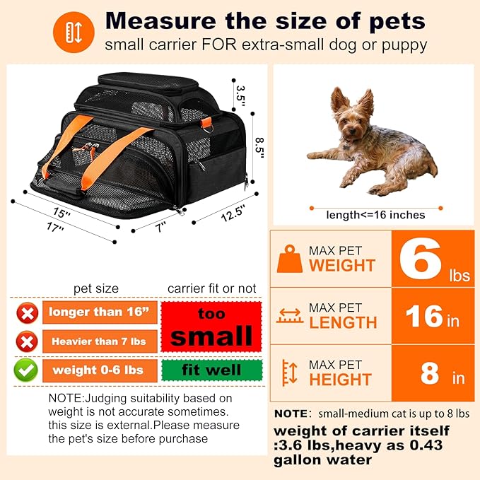 17x12.5x8.5 TSA Approved Expandable pet Carrier for Extra-Small Dog Under 6 lbs,Small-Medium cat Under 8 lbs,for jetblue and Other Airlines only Have 8.5'' Height Space underseat