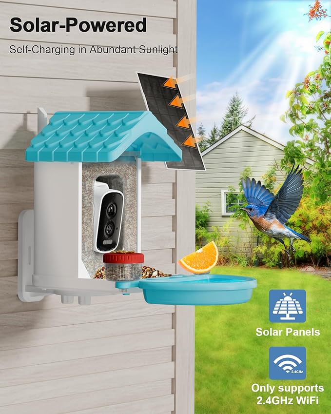 2-in-1 Smart Wild Bird Feeder & Bath with 4K HD Camera, AI Identification Solar Bird Feeder Watching Camera Night Vision for Outdoor Birds Watching Gifts for Birdlover, Blue