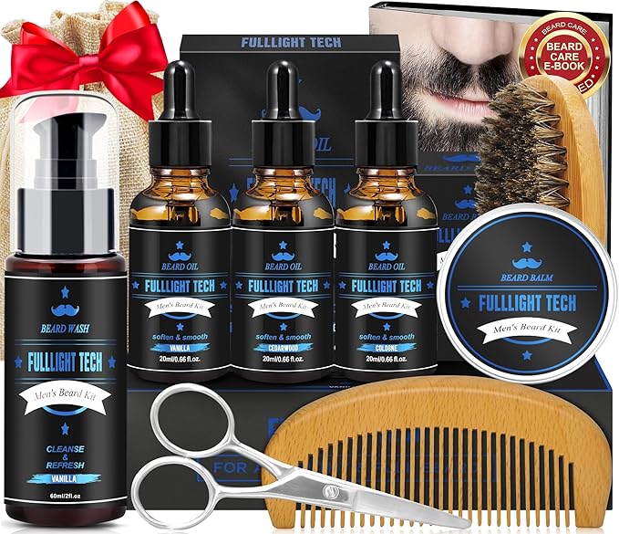 Husband Birthday Gifts,Beard Kit Includes 3 Scented Beard Oil,Vanilla Beard Shampoo & Balm, Brush, Comb,Scissors,Beard Care & Grooming Men Christmas Stocking Stuffers Gifts for Men Him Dad Boyfriend
