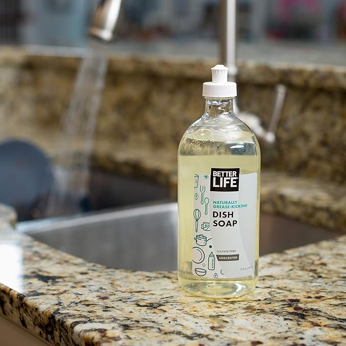 Better Life Dish Soap - Liquid Dishwashing Soap with Vitamin E and Aloe for Home & Kitchen Sink - No Gloves Required Kitchen Soap for Sensitive Skin - 22oz (Pack of 2) Unscented