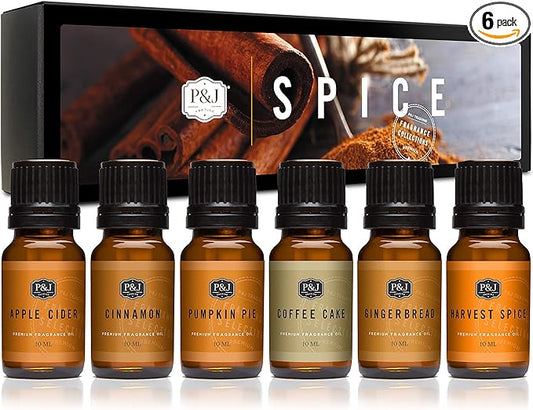 P&J Fragrance Oil Spice Set | Cinnamon, Harvest Spice, Apple Cider, Coffee Cake, Gingerbread, and Pumpkin Pie Candle Scents for Candle Making, Freshie, Soap Making Supplies, Diffuser Oil Scents