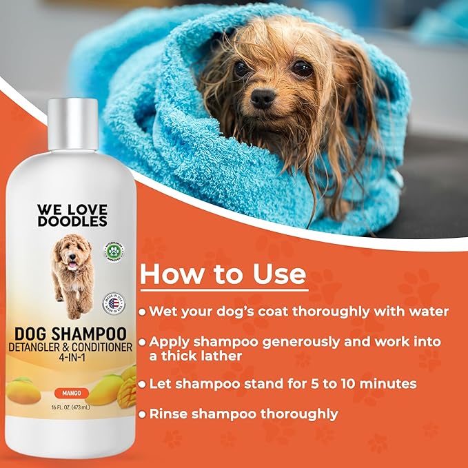 We Love Doodles Dog Shampoo (Mango) and Pin Dog Brush (Bundle) - Pet Shampoo for Matted Hair - Sensitive Skin Shampoo for Puppies - Pin Dog Brush for Shedding & Removing Loose Fur - Made in The USA