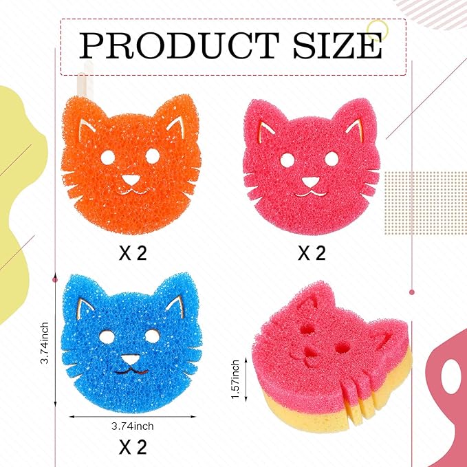 6 Pcs Cat Dual Sided Scrub Cleaning Sponges Cute Temperature Sensitive Dish Sponges for Washing Dishes Non Scratch Household Multi Use Scrubber for Kitchen, 3 Colors