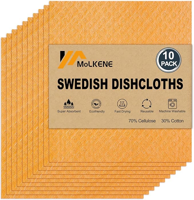 Swedish Dishcloths - 10 Pack Reusable Kitchen Dishcloths - Ultra Absorbent Dish Towels for Washing Dishes - Cellulose Sponge Cloth Cleaning Cloths - Orange