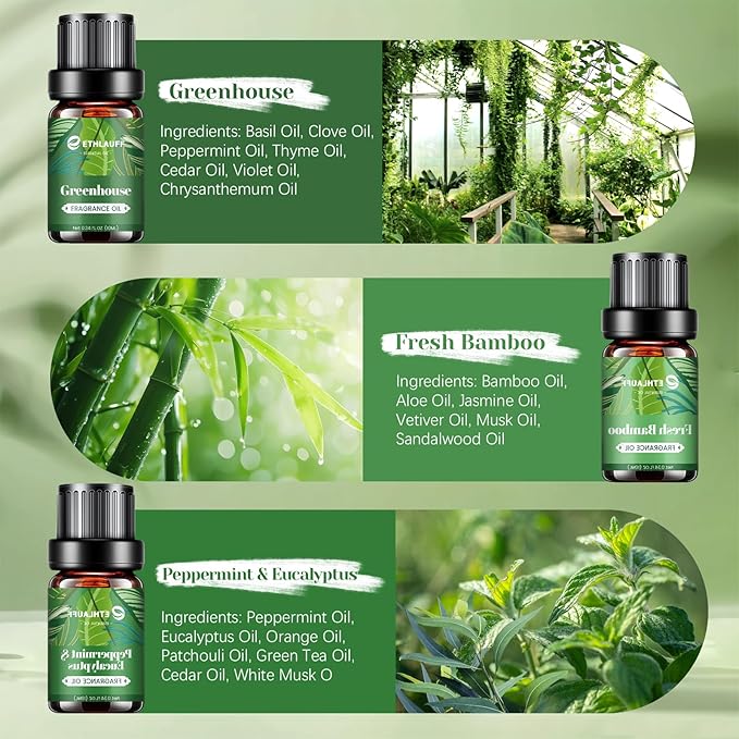 Fragrance Oils Set, Essential Oils for Diffuser for Home, Candle Sopa Making - Enchanted Forest, Willow and Ivy, Clover and Aloe, Fresh Bamboo, Scented Oil Gift Set