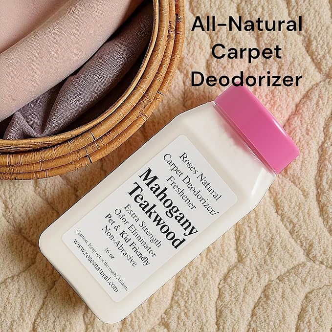 Carpet Deodorizer Powder – Mahogany Teakwood Scent, Extra Strength Odor Eliminator, Pet & Kid Friendly, Non-Toxic, 16 oz