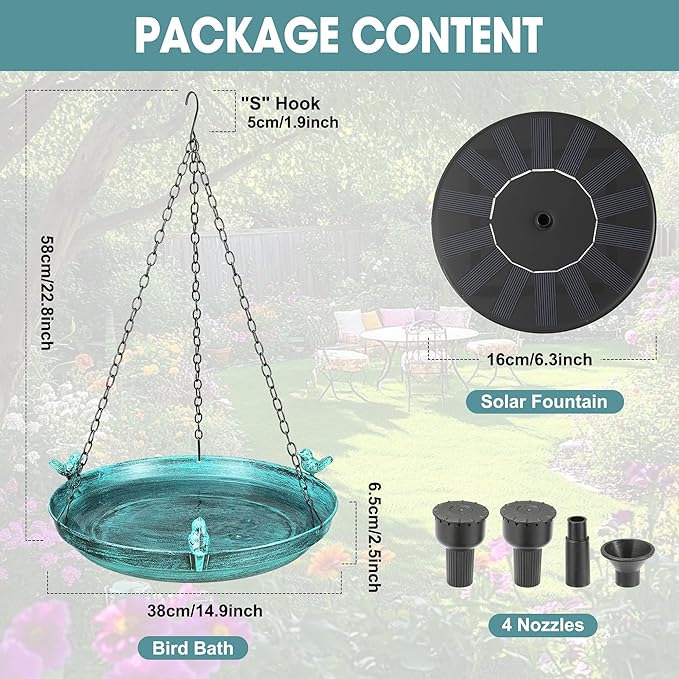 14.96" Hanging Bird Bath with Solar Fountain, Metal Birdbath with 3 Cast Iron Birds & 4 Spray Nozzles, Solar Powered Water Feature for Outdoors, Garden, Patio, Gift for Bird Lovers