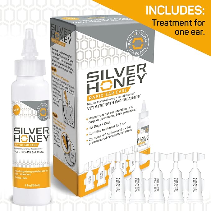 Absorbine Silver Honey Rapid Ear Care Vet Strength Ear Cleaner + Infection Treatment, 10-Day Regimen for 1 Ear, Safe for Dogs & Cats, Medical Grade Manuka Honey & MicroSilver BG