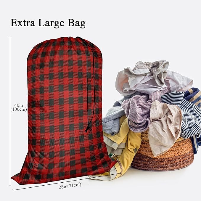 Swono Red Buffalo Plaid Travel Laundry Bag, Lumberjack Woodcutter Plaid Pattern Machine Washable Dirty Clothes Organizer, Large Enough to Hold 4 Loads of Laundry, Football Grid Oxford Cloth, Red Black
