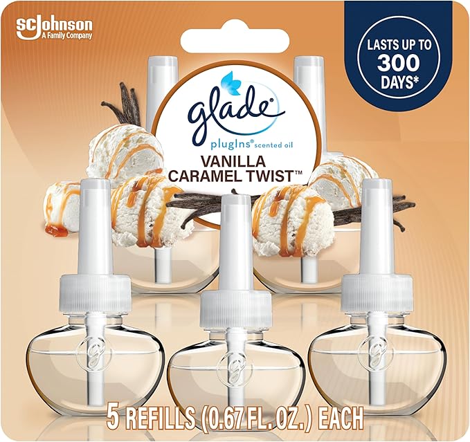 Glade PlugIns Refills Air Freshener, Scented and Essential Oils for Home and Bathroom, Vanilla Caramel Twist, 3.35 Fl Oz, 5 Count