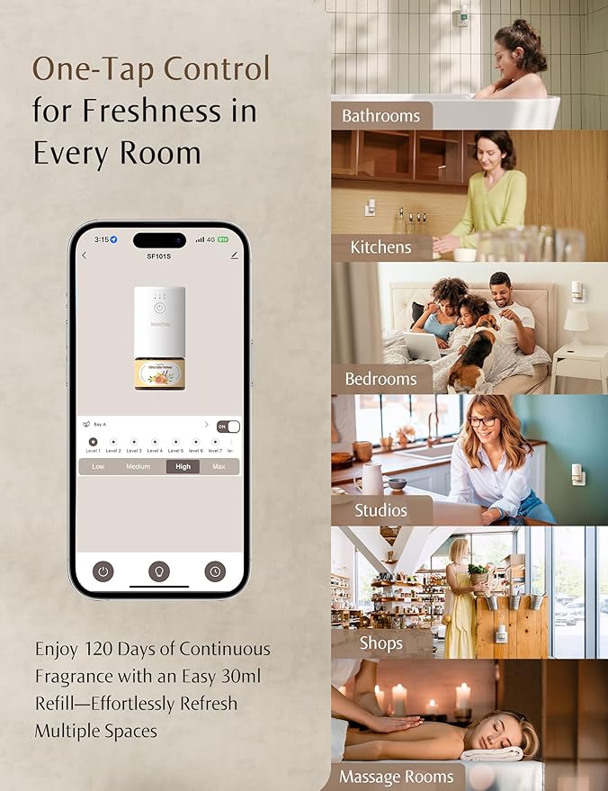 SF101S Smart Wi-Fi Waterless Ultrasonic Essential Oil Diffuser–100% Plant-Based,120-Day Natural Air Freshener & Aromatherapy Scent Diffuser Covers 100㎡ for Home,Hotel-Calm Serenity