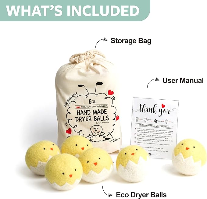 Calindiana 100% Organic Premium New Zealand Wool Dryer Balls Laundry Reusable Fabric Softener, Cute Dryer Sheets Alternative, Anti Static XL Size 6 Pack, Yellow Chick