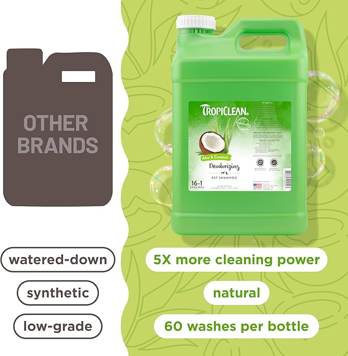 TropiClean Deodorizing Dog Shampoo for Smelly Dogs, Professional Dog Shampoo, Powerful Odor Control, Puppy Safe, Aloe & Coconut Scent, 2.5 Gallon