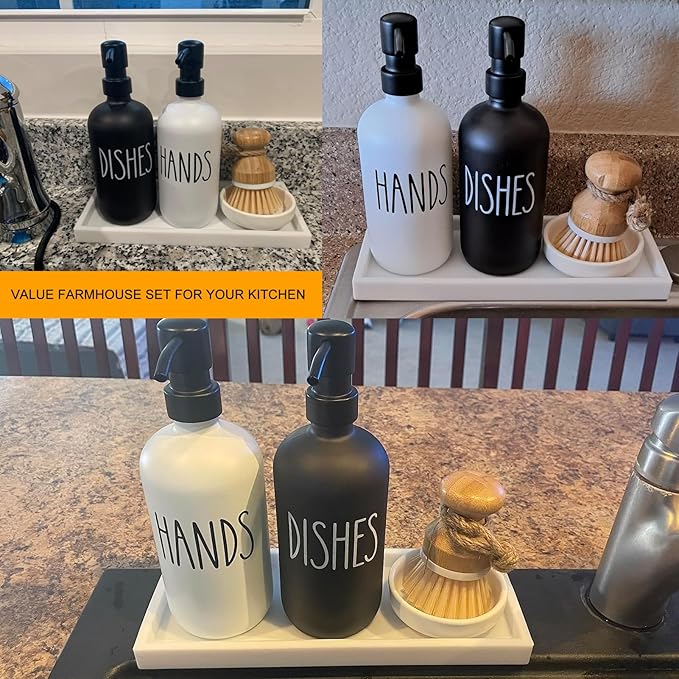 Glass Soap Dispenser for Kitchen, Farmhouse Dish Soap Dispenser&Hand Soap Dispenser Set,Rustproof Pump Soap Lotion Dispenser Set with Tray and Dish Brush,Kitchen Decor(Black&White)