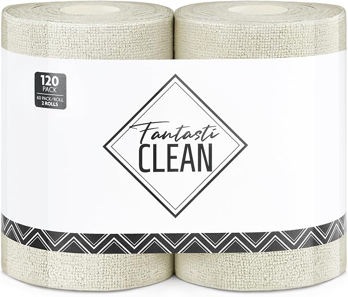 Fantasticlean Microfiber Cleaning Cloth Roll 2 Rolls 120 Pack, Tear Away Paperless Towels, 8" x 8", Reusable Washable Rags, Home Kitchen, Pet, Office, Indoor Outdoor, Compact Portable (Off-White)