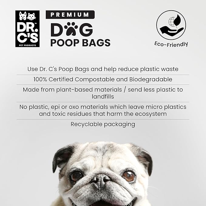 100% Certified Compostable Dog Poop Bags - Dr. C's Premium Dog Poop Bags - 270 Bags / 18 Rolls, Extra thick, Leak Proof, Unscented, Plant Based and Earth Friendly, Dispenser Included