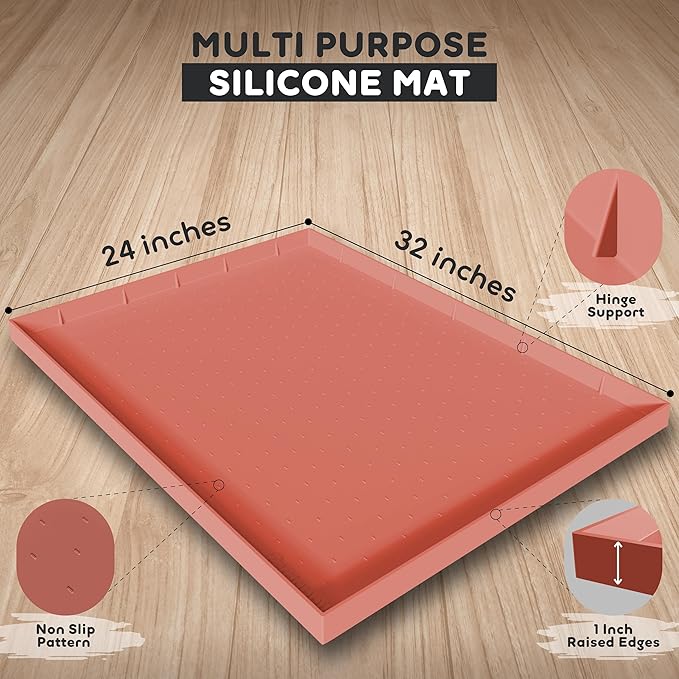 32x24x1” XL Dog Food Mat - All Purpose Under Sink Liner, Washer and Dryer Covers for The Top, Silicone Griddle Mat for Blackstone - Raised Edges Dog Mat for Food and Water Prevent Spill, Waterproof