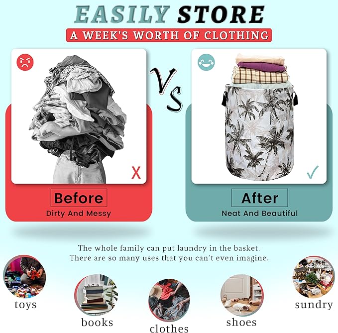 Vintage Tropical Palm Trees Laundry Basket Foldable With Handles Tote Bag Oxford Cloth Colorful Laundry Hamper 18.9"x1 6.5 "Clothe Storage Bucket Toy Organizer For Bathroom/Laundry/Bedroom