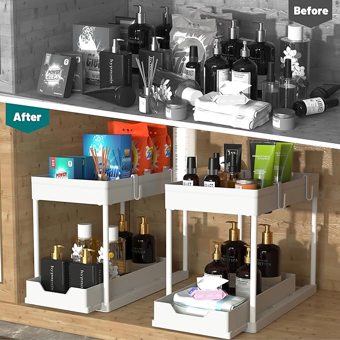 2 Pack Under Sink Organizer, 2 Tier Bathroom Cabinet Organizer with Sliding Basket, Multi-Purpose Under Sink Organizers and Storage for Bathroom Kitchen (White 2 Pack)