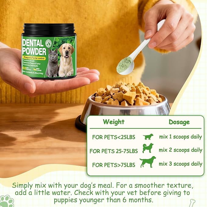 Dog Teeth Cleaning Powder, Dog Dental Powder and Cats Breath Freshener, Plaque Off, Bad Breath & Tartar Remover for Dogs, Dog Teeth Cleaning with Enzymes- 60-Day Supply -Mint Flavor