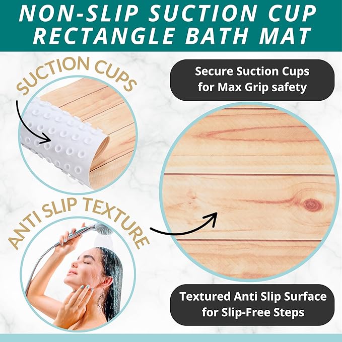ENKOSI Bath Mat for Tub and Shower Floors - Non Slip Shower Mat – Anti Slip Bathtub Mat with Strong Suction Cup Grip – Soft, Wood Design Bathroom Mat for Inside Bath and Showers (28x16 Wood Teak)