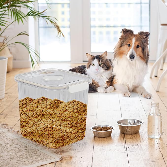 22 Lbs Clear Plastic Cereal Dry Food Container, Pet Food Storage Container with Scoop