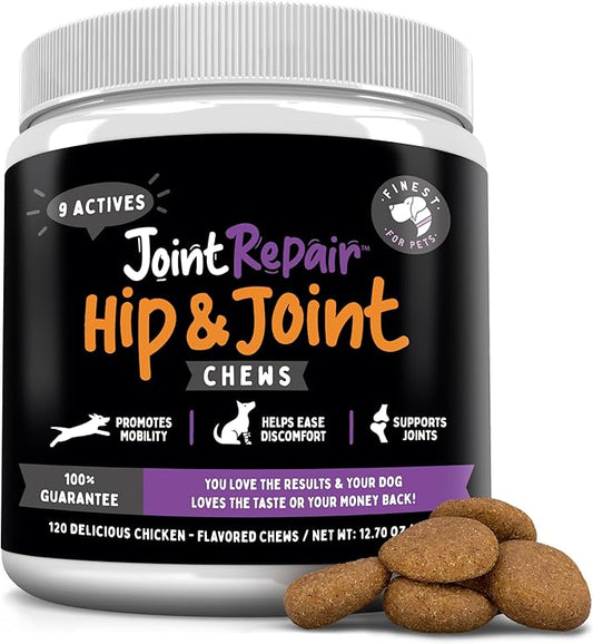 Joint Repair Hip and Joint Chews for Dogs - Finest for Pets Glucosamine, Chondroitin, MSM, Omega 3 & Turmeric for Dog Joint Support, Mobility & Pain Relief - (120 Chicken Flavored Chews, Made in USA)