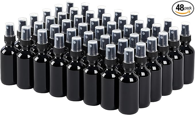 2 oz Glass Spray Bottles, Reusable Fine Mist Sprayer Small Spray Bottle, Leak-Proof Design, Perfect for Travel, Skin Care, Perfumes, Botanical, Cleansing (Black, 2oz-48pcs)