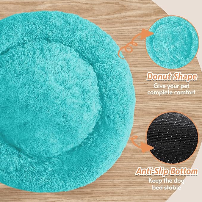 JOLLYVOGUE Small Dog & Cat Beds for Indoor Cats, Donut Cuddler Warming Soft Dog Beds with Anti-Slip Bottom, Round Calming Fluffy Plush Faux Fur Cushion Bed for Medium Dogs (31", Aqua Blue)