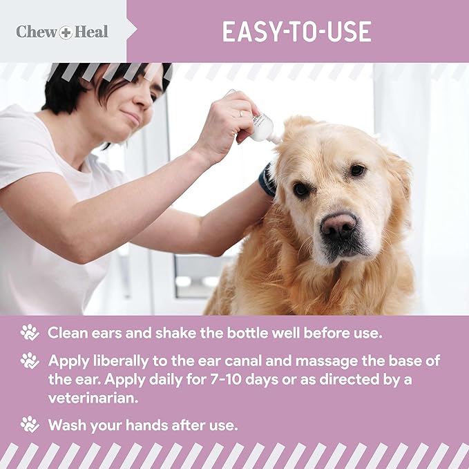 Chew + Heal Labs Dog Ear Cleaner - OTIC Medicated Dog Ear Buildup Drops for Dirt and Wax - 12 oz Advanced Flush with Chlorohexidine and Ketoconazole - Made in The USA