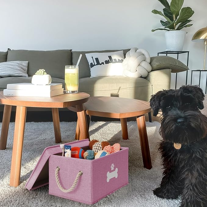 Dog Toy Basket with Lid, Dog Basket for Toys, Dog Toy Box with Cotton Rope Handles, Collapsible Storage Bins for Dog Toys, Dog Storage Organizer, Pink