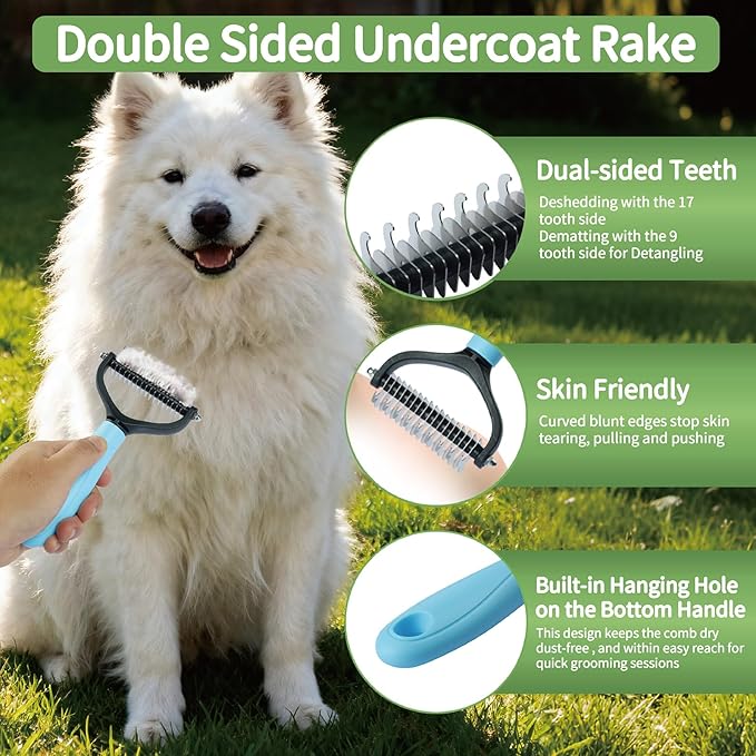 5-Piece Flea Comb Set - Dog Brush, Cat Brush, Flea Comb for Cats, Dog Brush for Shedding, W/Dematting Comb/Scissors, 2-in-1 Massage, Ergonomic Grip, Fit All Pet Breeds & Fur Types