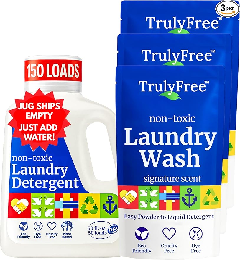 Truly Free Laundry Wash Detergent for Sensitive Skin, Gentle & Safe for Baby Clothes | Plant-Based, Natural Ingredients | Unscented | Include 1 Refillable Bottle (150 Loads)