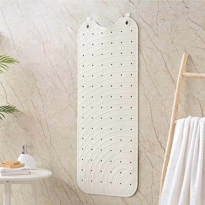 Extra Long Rubber Bathtub Mat, Non-Slip Shower Tub Mat, 39x16 Inch, Bath Tub Floor Mat with Suction Cups and Drainage Holes, Ivory White