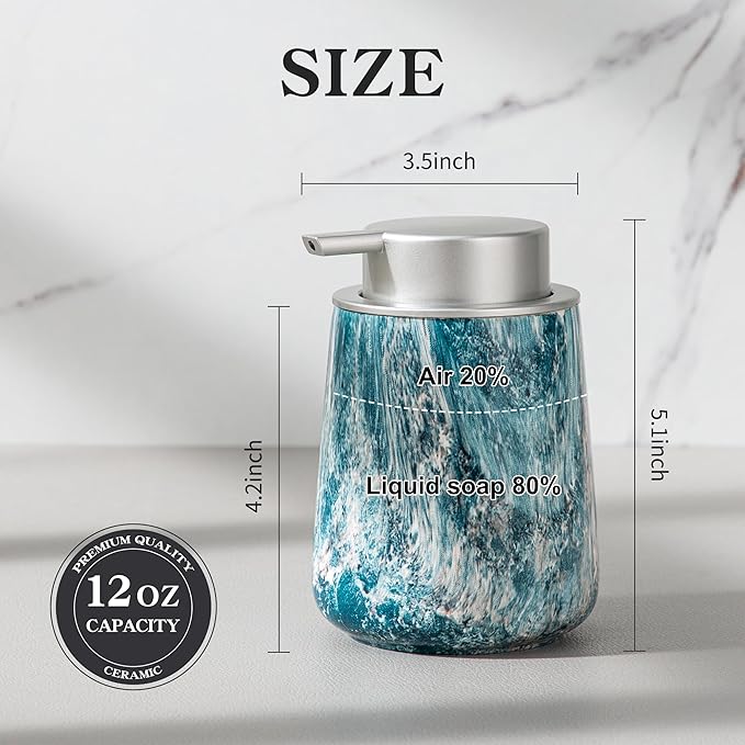 Enra Ceramic Foam Soap Dispenser, 12 oz Blue Foaming Soap Dispenser for Bathroom & Kitchen with Easy-to-Press Silver Pump