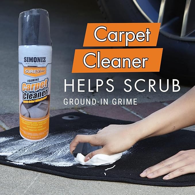 Simoniz Auto Stain & Odor Neutralizer - Fast-Acting Foam w/Built-In Stain Remover Brush - Deep Cleans Your Cars Rugs & Upholstery of Grease, Coffee, Milk, or Other Pesky Stains (New Car Scent)