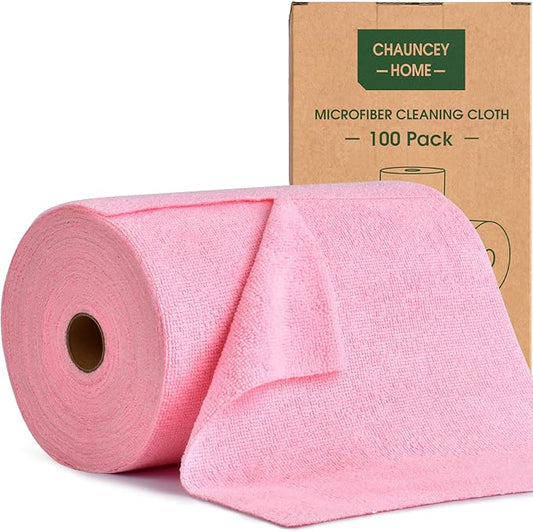 Roll of Microfiber Cleaning Cloth –100 Pack, Tear Away Microfiber Towels, Reusable, Washable, Scratch-Free, Cleaning Supplies,Kitchen Towels for Car, Home, Kitchen, Dishes (Pink)