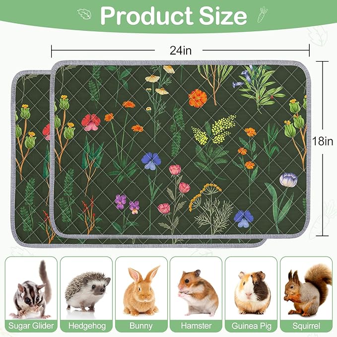 Bienbee Guinea Pig Bedding, 2 Pack 24" x 18" Reusable Guinea Pig Cage Liner Waterproof and Absorbent Small Animal Bedding Washable Guinea Pig Pee Pads for Small Pet Hamster Rabbit Squirrel, Green