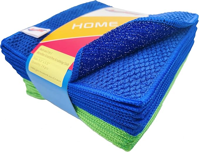 24 Pack Microfiber Scrub Dish Cleaning Cloth, Non-Scratch, Reusable & Durable for Dish Pan Pot Cooktop Stovetop Counter Kitchen, Machine Washable, 5.5 x 5.5 Inch, Blue & Green Color Assorted