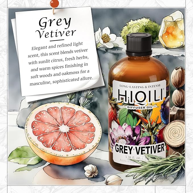 HIQILI Diffuser Oil for Humidifier & Reed Diffusers, Suitable for Home and Other Scenarios, Long Lasting Scent - Grey Vetiver, 3.38 Fl Oz