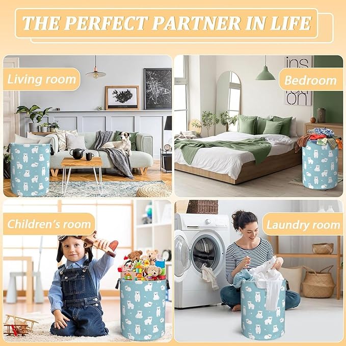 Cute Polar Bears Laundry Hamper Bag With Waterproof Liner - Round Laundry Basket Foldable Clothes Storage Organizer For Bathroom Bedroom Nursery Dorm, S-16.5"X 13.8"