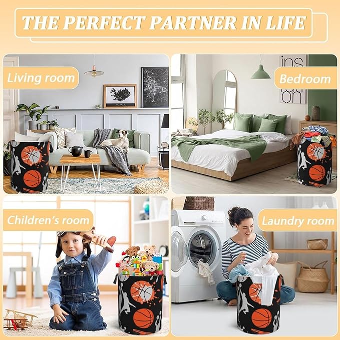 Basketball Sport Theme Laundry Hamper Bag With Waterproof Liner - Round Laundry Basket Foldable Clothes Storage Organizer For Bathroom Bedroom Nursery Dorm, S-16.5"X 13.8"