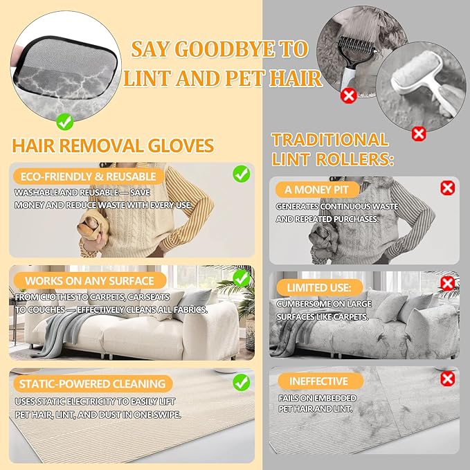 2 Pack Electrostatic Pet Hair Removal Gloves - Upgraded Reusable & Washable Pet Hair Remover Gloves for Cats & Dogs, Thickened Magic Brush Tool for Couch, Carpet, Furniture, Clothing & Car Seat
