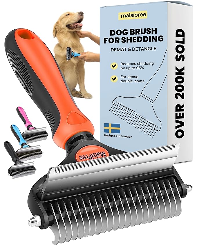 MalsiPree Dog Brush - Large, Orange - 2-in-1 Deshedding Tool & Undercoat Rake, Dog Undercoat Brush - Gentle Dematting Comb & Pet Hair Removal Tool - Smooth-Edge Design & Grooming Comb