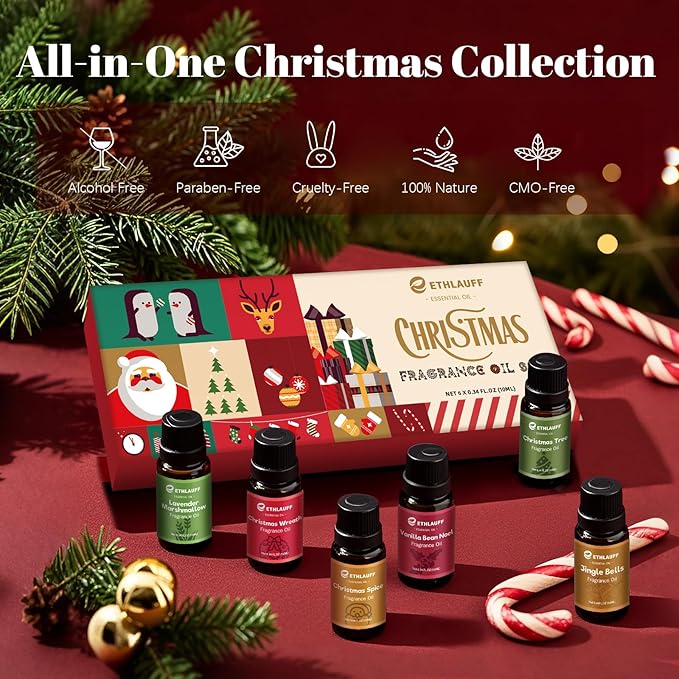 Fragrance Oil Christmas Set, Jingle Bells, Christmas Wreath, Xmax Tree, Gingerbread, Spice, Vanilla Bean Noel, Scents for Candle Soap Making Supplies, Essential Oil for Home