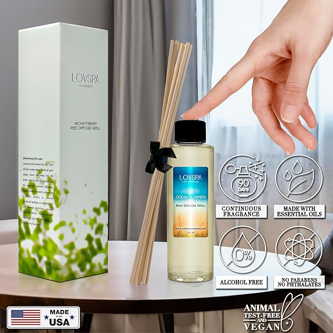 LOVSPA Ocean Flowers Diffuser Oil - Luxury Essential Oils for Diffuser Refill & Air Freshener Room Spray - Long-Lasting & Natural Home Fragrance, Scented Oil for Diffusers, USA Made, 4oz